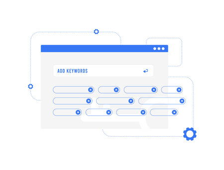 Optimizing SEO with Keyword Research tool concept. Selecting High, Mid and Low-Frequency Keywords for Blog articles, Videos and Online Store goods. Vector illustration on white background with iconsのイラスト素材