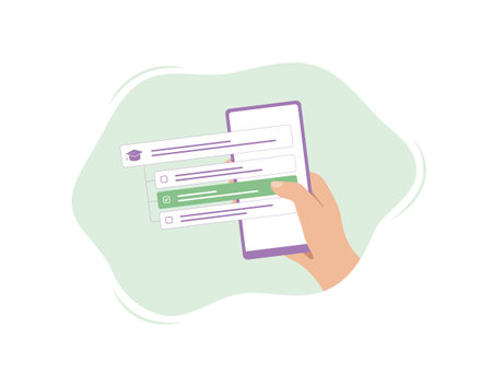 Online Exam with mobile phone app concept. Internet Surveys and Quiz. E-Learning and Distant Education Experience. Vector illustration isolated on white background with iconsのイラスト素材