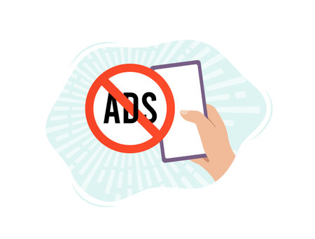 Ad Blocking Icon. Hand Holding Smartphone with Mobile Ad Blocker Software or Web Extension for Blocking and Skipping Ads. Vector isolated illustration on white background with iconsのイラスト素材