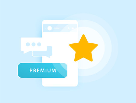 Premium Messenger Account concept. Verified Mobile Messenger Profile with Star Icon, Achievements and Top Ratings. Paid messenger account vector illustration isolated on blue background with iconsのイラスト素材