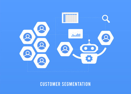 Customer segmentation sorts customers into groups for better digital marketing. AI Market segmentation vector illustration isolated on blue background with iconsのイラスト素材