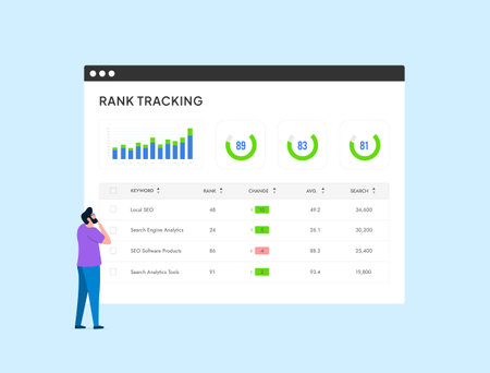 SEO Rank Tracking - monitor positions of keywords, domains, check website rankings, analyze SERPs and audit website. Rank tracker vector isolated illustration on blue background with iconsのイラスト素材