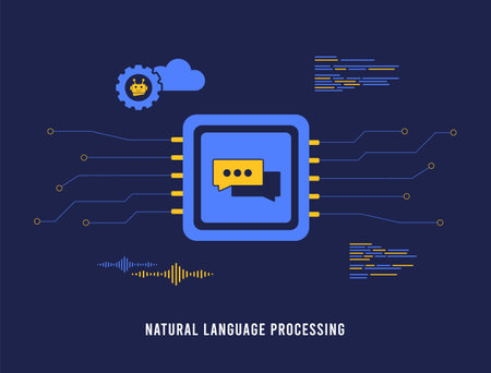 Cognitive Computing with NLP Technology concept. AI development in Natural Language Processing. Vector Illustration of Artificial Intelligence for communication, learning and speech analysisのイラスト素材
