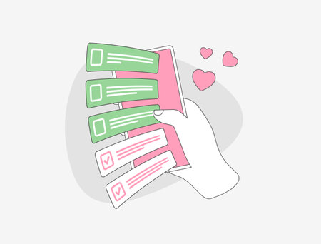 Checklist and Wishlist concept. List with checkmarks for favorite items and heart icons. Personal to-do list or wishlist. Vector outline illustration isolated on white background with iconsのイラスト素材