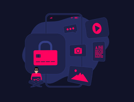 Cybersecurity Threat. Ransomware encrypting personal files. Hacker demands payment for decryption. Mobile fraud alert warning about online scams and malware spreading. Vector illustration on blackのイラスト素材