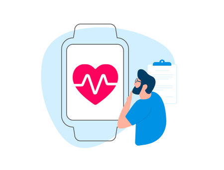 Heart Health Monitoring Smartwatch. Fitness tracker with heart icon. Monitors pulse and pressure for healthcare. Data analyzed by physician for diagnosis and treatment adjustmentsのイラスト素材