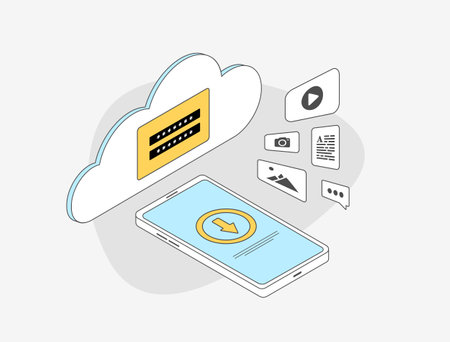 Secure cloud and file backup services. Online cloud storage backup for emails, photos, personal data and documents. Outline vector illustration isolated on white background with iconsのイラスト素材