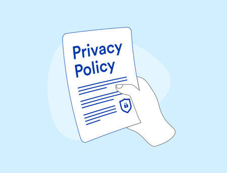 Privacy Policy, GDPR compliance and data security. Protection of confidential information concept. Privacy policy document in hand. Vector illustration isolated on blue background with iconsのイラスト素材