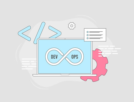 DevOps web concept. Collaboration in software creation and communication. Modern development and management processes. DevOps vector isolated illustration on white background with iconsのイラスト素材