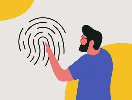 Fingerprint Biometrics authentication concept. Passwordless identity method. Character in glasses touches fingerprint icon. Vector illustration isolated on blue background with iconsのイラスト素材