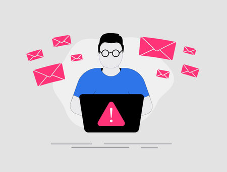 Character overwhelmed by irrelevant spam emails, unwanted notifications and promotional messages. Conveys frustration with excessive advertising spam emails. Vector illustration isolated on whiteのイラスト素材