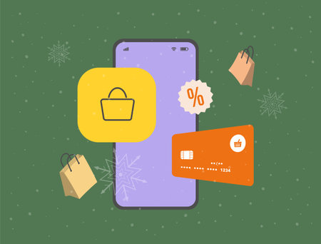 Holiday Ecommerce with shopping bags and colorful christmas gifts. Online xmas holiday trend shopping concept. Vector illustration isolated on green background with snowflakes iconsのイラスト素材