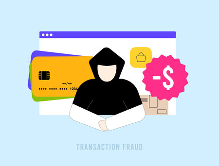 Transaction Fraud Detection. Online e-commerce shopping payment scam, suspicious transaction, warning card payment. Fraudsters use stolen credit card to pay for purchases. Fraud alert notificationのイラスト素材
