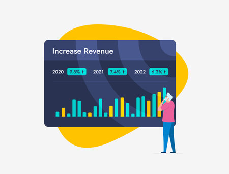 Increase Revenue for business. Calculate and improve revenue growth. Man businessman looks at graph showing revenue growth over recent years. Vector illustration isolated on white backgroundのイラスト素材