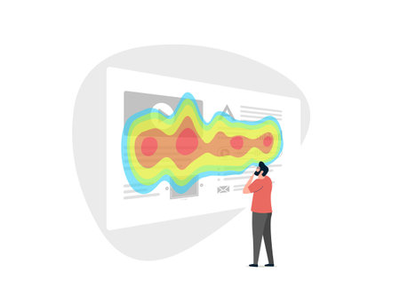 Enhance website performance with heatmap SEO analytics. Track user behavior through mouse and eye tracking on desktop and mobile devices. Flat Vector illustration isolated on white backgroundのイラスト素材