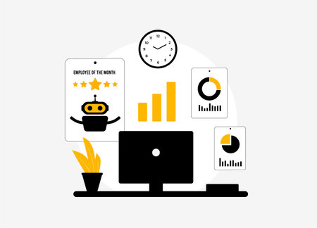 Robots as Employee of Month. Transferring workplace to robotic work. Playful take on innovation and automation in banking, office works with RPA - Robotic Process Automation. Vector illustrationのイラスト素材