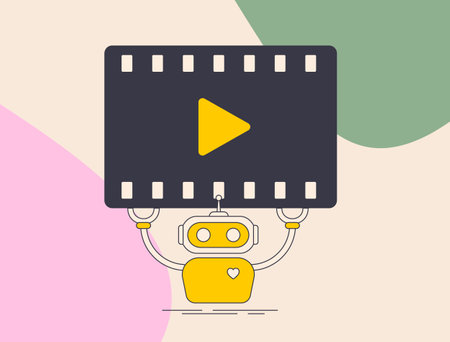 AI-driven video content creation. Automated video editing and procedurally generated animations. AI-generated video content vector illustration with icons. Robot holding movie frame iconのイラスト素材