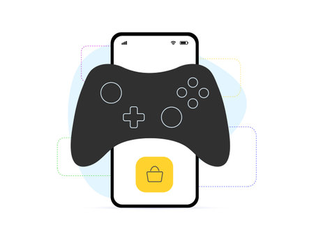 Mobile gaming purchase, in-app transactions concept. Gaming app payments, microtransactions in games, Purchasing upgrades, items and virtual goods. Joystick vector icon on mobile phone backgroundのイラスト素材