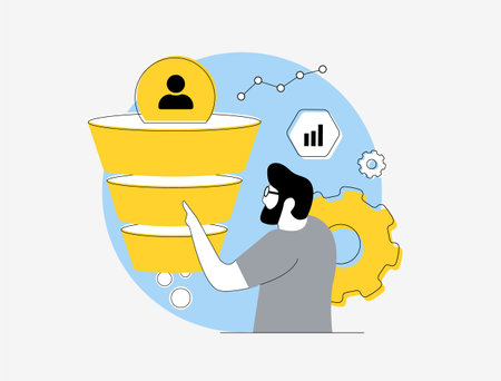 Sales funnel optimization - lead generation and conversion rates funnel. Digital marketing, sales analytics strategy. Targeted marketing with business growth isolated vector illustration with iconsのイラスト素材