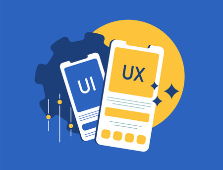 UX UI design and programming, researching, prototyping and creating mobile app interfaces. Developing responsive websites, front-end UX and coding mobile friendly web pages. Vector illustrationのイラスト素材