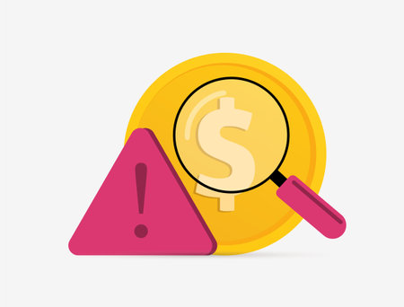 Financial fraud detection illustration with magnifying glass over dollar symbol, warning sign and alert triangle. Online scams, money security and risk assessment isolated vector illustrationのイラスト素材