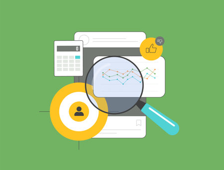 Analyzing audience metrics, social media engagement and performance trends with user data, charts and visual analytics. Tools for tracking likes, audience behavior and content strategy illustrationのイラスト素材