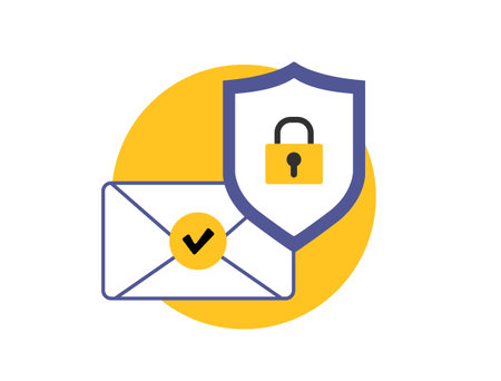 Email authentication flat icon with verified envelope and security shield. Secure email verification, online communication safety, data protection and user interaction in clean vector styleのイラスト素材