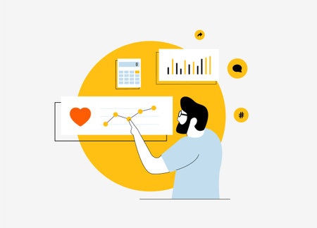 Influencer marketing statistics with charts, audience insights, engagement metrics, and analytics. Social media campaigns analytics, digital marketing and trend analysis vector illustrationのイラスト素材