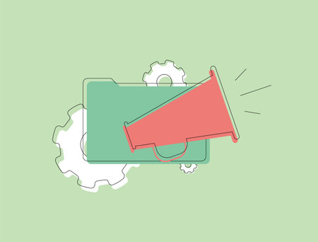 Vector illustration of a megaphone over a folder with gears, symbolizing content marketing, digital promotion and business strategy. Ideal for SEO, advertising, branding and social media campaignsのイラスト素材