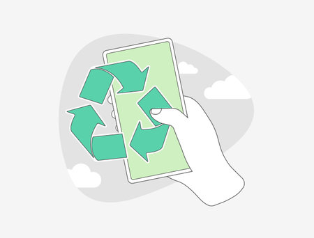 E-waste management, digital sustainability and eco-friendly technology. Ideal for concepts like phone recycling and green tech. Smartphone with recycling symbol vector illustrationのイラスト素材