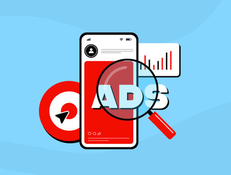 Mobile advertising strategy with native ads and programmatic targeting for mobile devices. Optimized advertising campaigns and mobile ad placement. Vector illustration and iconsのイラスト素材