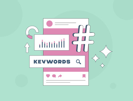 Social media SEO concept - keyword, content and profile optimization, social signals, hashtag research and digital marketing strategy vector illustration. Social seo analytics and boosting engagementのイラスト素材