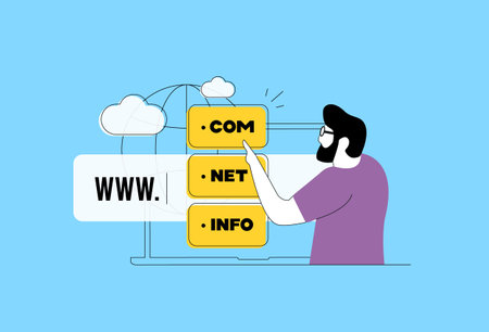 Domain registration process with top-level domains, website name purchase, register domain names. Buy internet address, secure online identity and digital ownership vector illustrationのイラスト素材