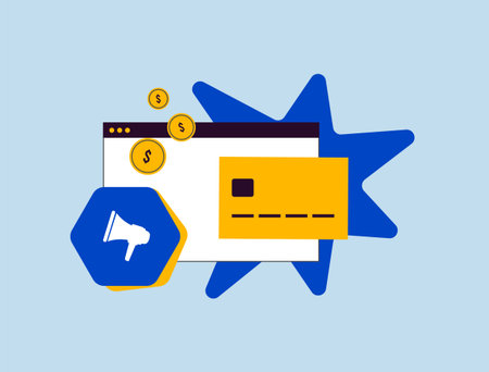 Online advertising payments analysis - digital marketing expenses and online ad budget management. Payment transactions, media buying and financial investment in paid promotions. Vector illustrationのイラスト素材
