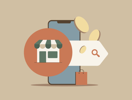 Marketplace app with clean interface, seller dashboard, product listings, reviews, advanced filters and mobile compatibility for online sales. Marketplace app design vector illustration with iconsのイラスト素材