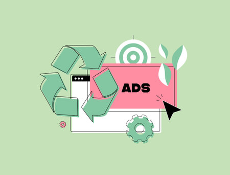 Sustainable Digital Marketing Practices. Promote eco-friendly digital marketing strategies like energy-efficient data centers and sustainable programmatic advertising. Green marketing illustrationのイラスト素材