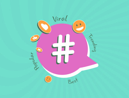 Viral hashtag marketing with top trends and popular topics drives social media growth. Engaging hashtag posts and best viral tag keywords for effective social media audience reach vector illustrationのイラスト素材