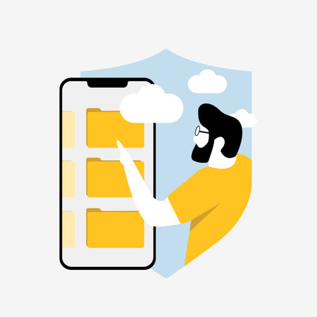 Mobile cloud security illustration showing man accessing folders on smartphone. Mobile cloud security concept for data protection, cloud storage, file sharing, privacy and online backupのイラスト素材
