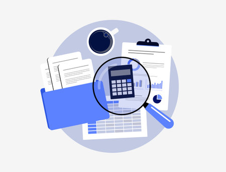 Financial audit with accounting reports, compliance review, spreadsheet analysis. Audit dashboard insights helping businesses improve accuracy through financial audit isolated vector illustrationのイラスト素材