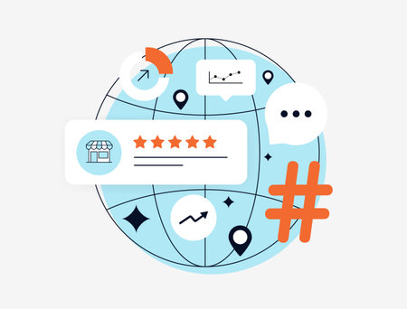 Local business reviews - customer feedback marketing. Local SEO for business, search marketing strategy, improve local rankings. Digital marketing and online presence vector illustrationのイラスト素材