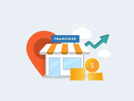 Franchise model supports franchising business branch expansion where small enterprise grows into retail store chain. Expansion planning, e-commerce company franchising strategy vector illustrationのイラスト素材