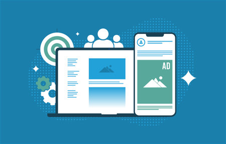 Targeted advertising with audience segmentation, responsive content strategy. Cross-platform marketing and targeted advertising campaign with audience segmentation concept. Flat vector illustrationのイラスト素材