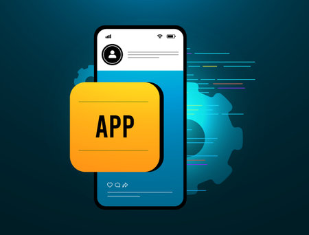 App development process shown through mobile UI design and app integration. Focus on mobile app interface, software update and user experience. App development vector illustrationのイラスト素材