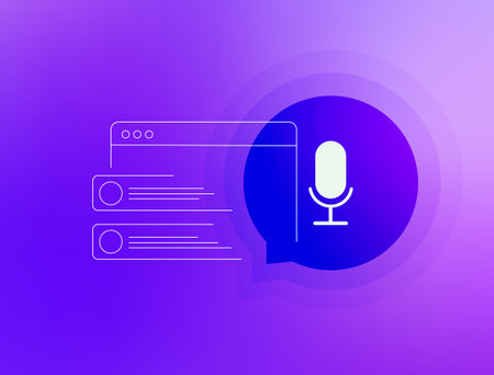 Voice search technology concept with microphone icon, chat bubble and browser windows. Voice search optimization, digital interaction and online communication tools. Modern vector illustrationのイラスト素材
