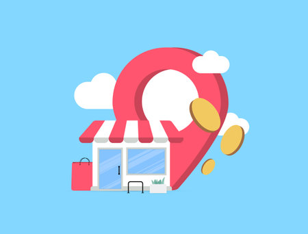 Location based shopping - hyperlocal marketing strategy concept. Map pins stores location support navigation targeted deals shaping 2026 retail trends, data driven mobile commerce growth illustrationのイラスト素材