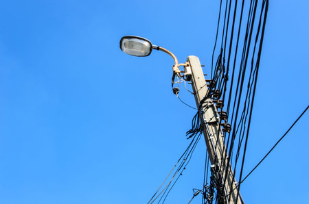 Electricity post with clear blue sky.Photo taken on: January 18th, 2016のeditorial素材