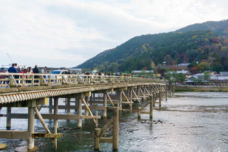 Kyoto, Japan - December 3, 2015: Katsura River and Togetsukyo Bridge in Arashiyama, Kyoto, Japanのeditorial素材