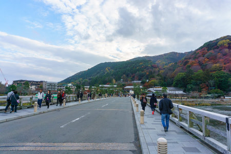Kyoto, Japan - December 3, 2015: Togetsukyo Bridge in Arashiyama, Kyoto, Japan