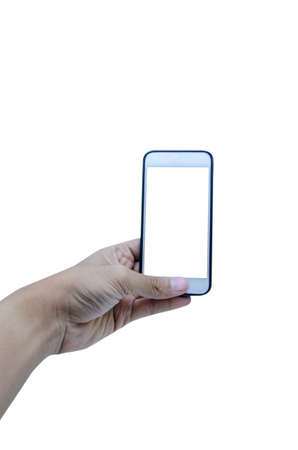 Holding mobile smart phone touch screen on white background, include clipping pathの写真素材