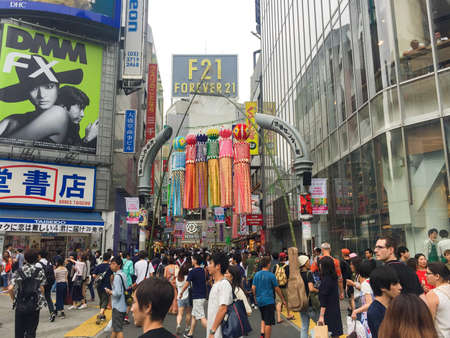 TOKYO , JAPAN - July 26, 2017 : Shibuya shopping street district in Tokyo, Japan. Shibuya is known as one of the fashion centers of Japan for young people, and as a major nightlife area.のeditorial素材